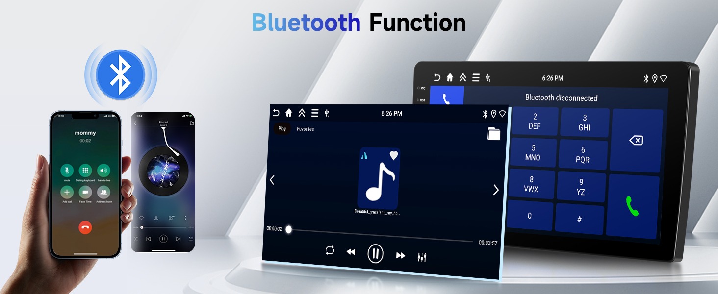 Text reads 'Bluetooth Export Function'. Split screen showing smartphone with music interface and car dashboard display showing audio controls.