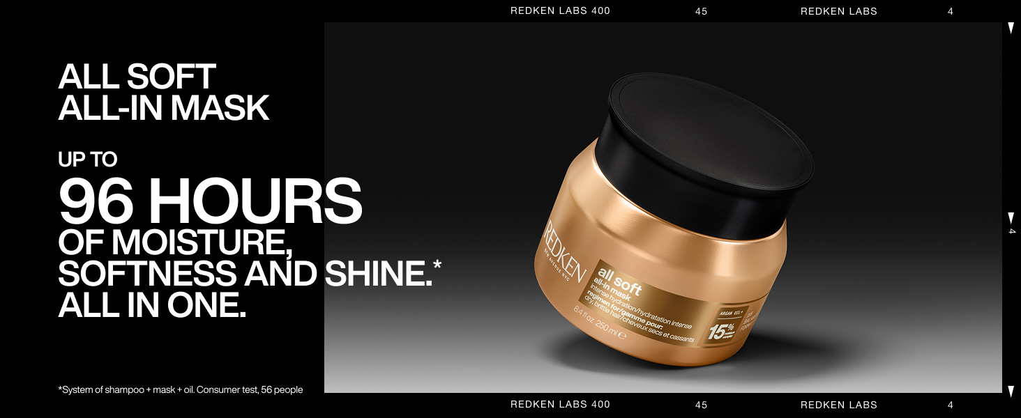 Text reads "ALL SOFT ALL-IN MASK" and "UP TO 96 HOURS OF MOISTURE COMFORT AND SHINE. ALL IN ONE." Golden cream mask in glass jar with black lid, showcasing moisturizing skincare product.