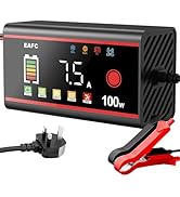 Text shows '200W', 'EAFC', and digital display indicators. Black and red electronic device with LED display showing battery levels and connectivity status icons.