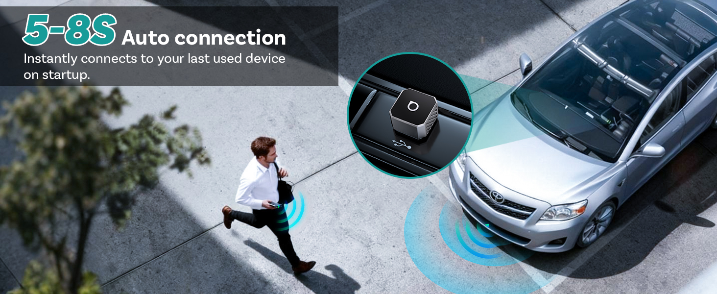 Text reads '5-OS Auto connection'. Series of images showing vehicle parking scenario with aerial views of cars and connectivity indicators.