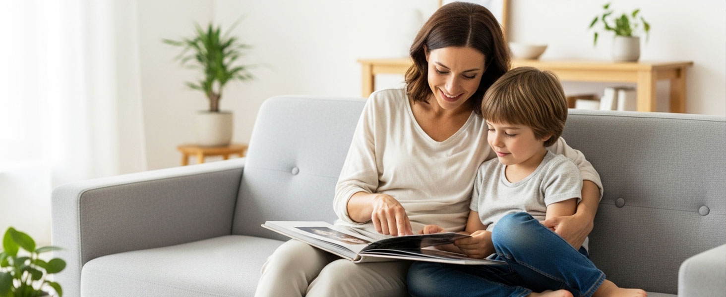 Adult and child sitting on gray couch indoors, reading together. Potted plant visible on shelving in background. No text present.