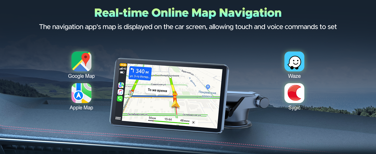 Car navigation system display showing real-time map interface with route guidance, surrounded by app icons for navigation-related features.