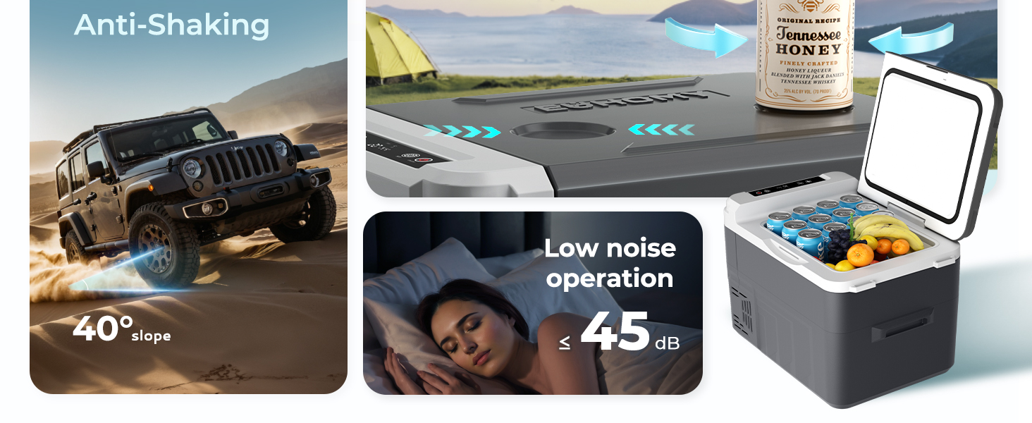Text reads 'Anti-Shaking', '40°', 'Low noise operation', '45'. Composite image showing vehicle on terrain, person sleeping, smartphone display, and black portable cooler box with items.