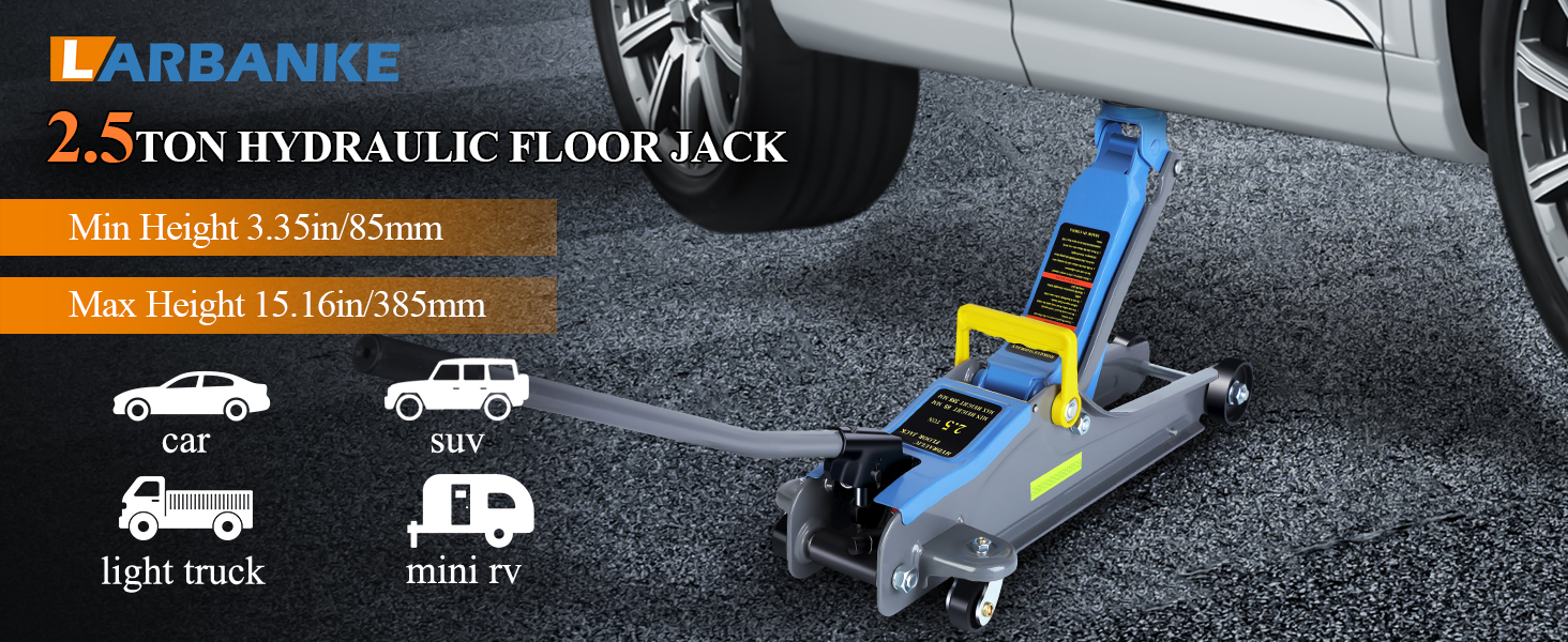 Text reads 'ABRANKE 2.5ton hydraulic floorjack'. Product demonstration showing car lift equipment with weight specifications and usage indicators.
