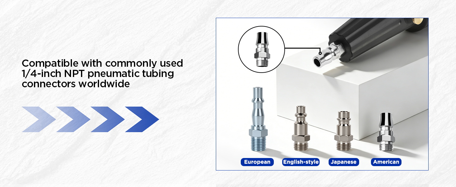 Text reads 'Compatible with commonly used 1/4-inch NPT pneumatic tubing'. Technical diagram showing various connector fittings and compatibility information.