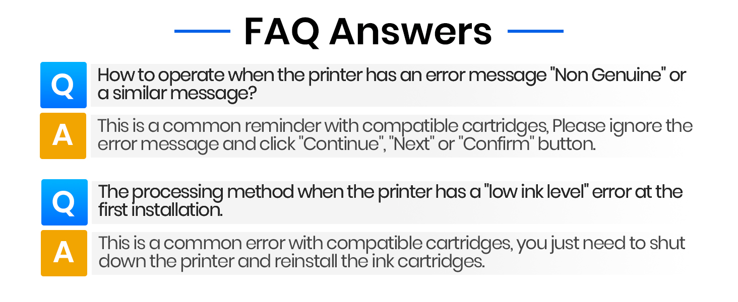 FAQ interface showing question-and-answer layout with blue 'Q' and orange 'A' icons, featuring error message troubleshooting information.