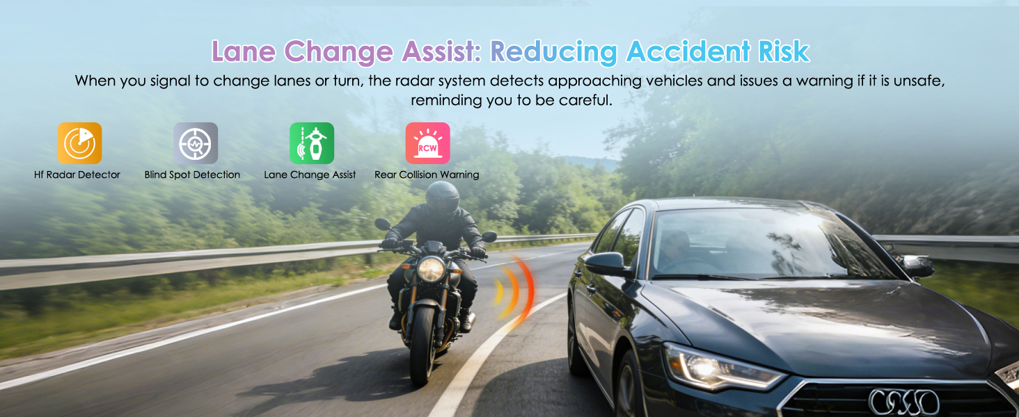 Text reads 'Lane Change Assist Reducing Accident Risk'. Highway scene showing motorcycle and Audi car on curved road with app interface icons above.