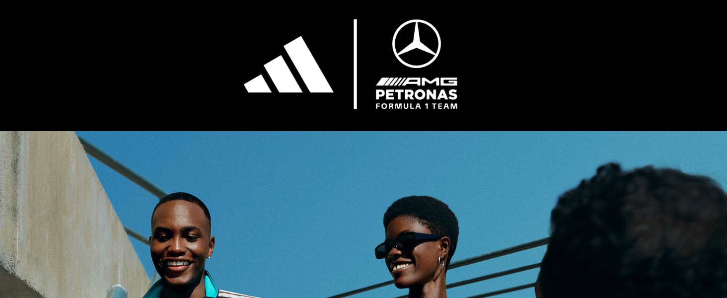 Advertising banner featuring Mercedes-Benz logo and Adidas logo on black background. Shows people in athletic wear in an outdoor setting with blue sky.