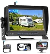 Vehicle monitoring system with multiple camera views displayed on a wide-format screen, showing various angles of RV or trailer views.
