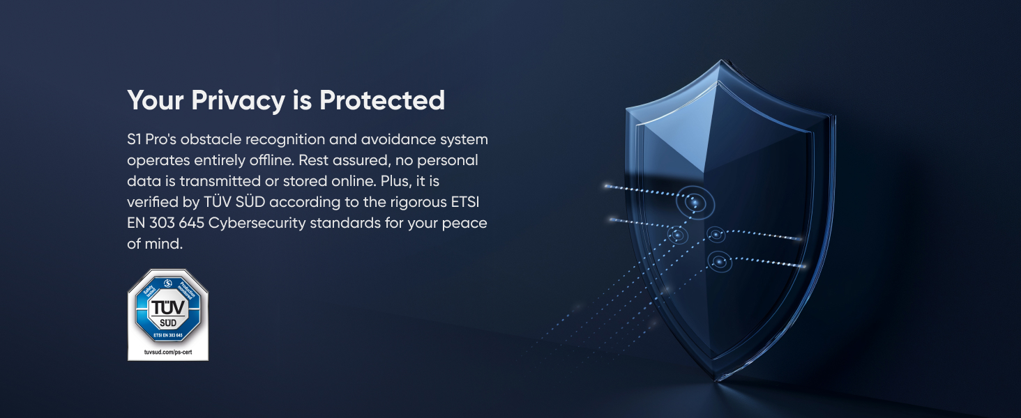 Digital security illustration featuring a glowing blue shield icon with binary code streams and a TUV certification mark, representing data protection.