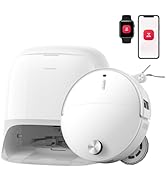 Gray and black robotic vacuum cleaner with docking station, white smartphone displaying control app with red icon on screen, shown against white background with power indicator.