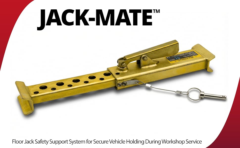Text reads: 'JACK-MATE'. Product images showing yellow metal safety support or bracing system from multiple angles with various attachment points.