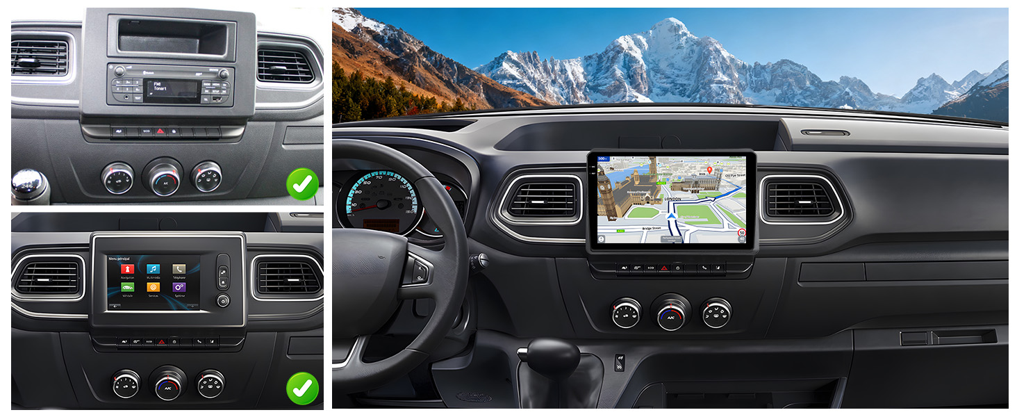 Series of vehicle dashboard images showing car interior with infotainment system displays and controls, demonstrating interface functionality.