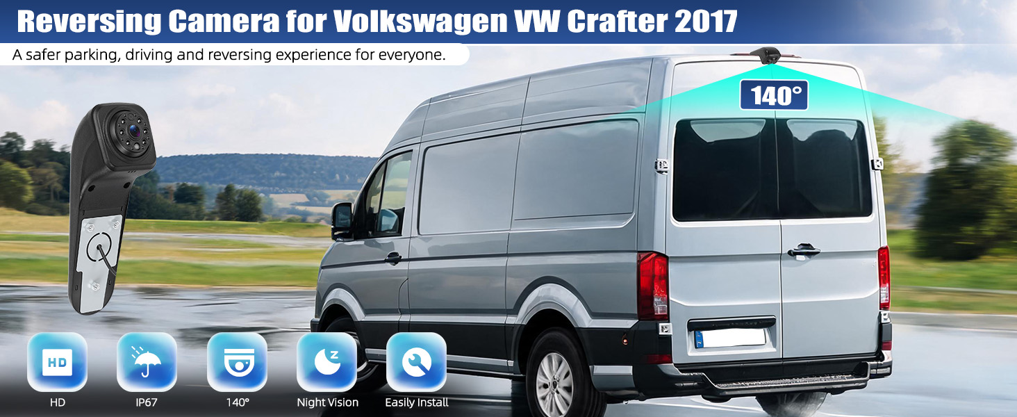 Text reads "Reversing Camera for Volkswagen VW Crafter 2017" and "140°". Reverse backup camera system for VW Crafter van with 140-degree field of view, displayed with interface icons and vehicle application image.