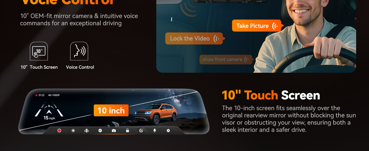 User interface display showing technical specifications including '1080P', 'Voice Control', and various feature icons with orange and white text on dark background.