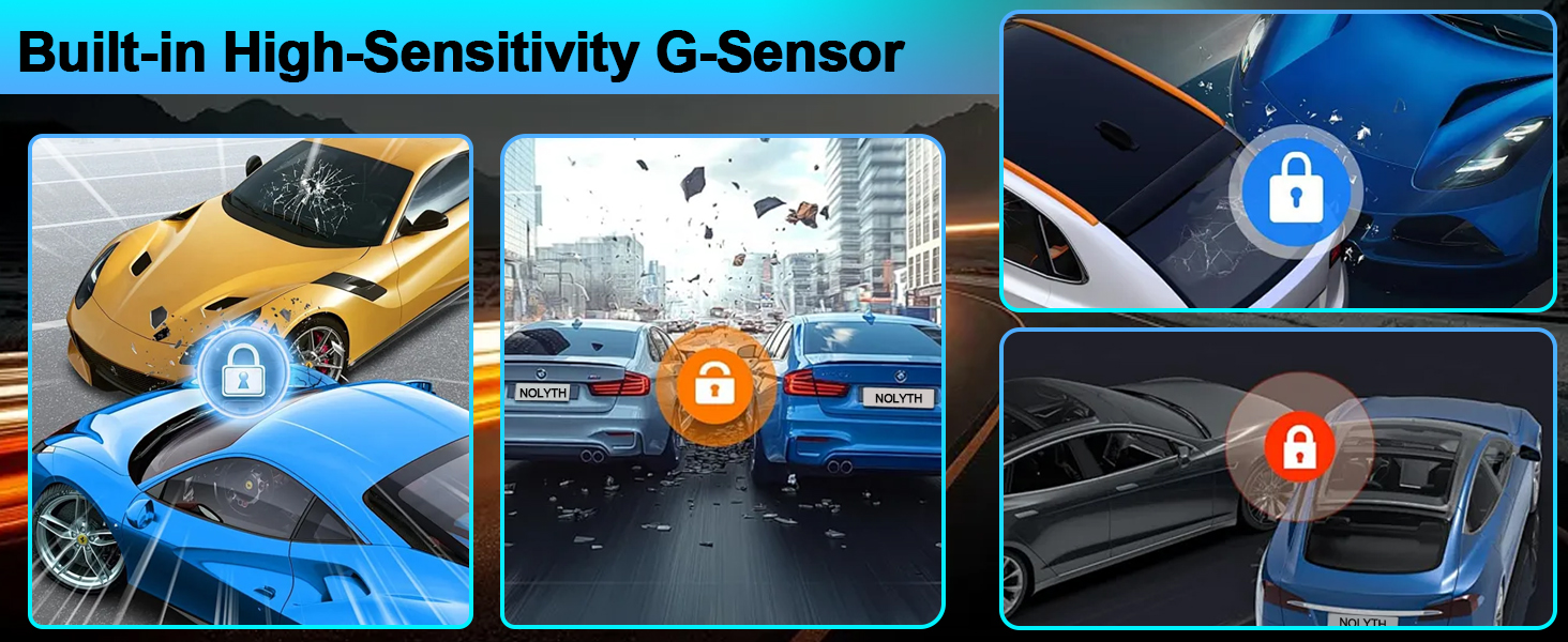 Text reads 'Built-in High-Sensitivity G-Sensor'. Series of dashboard camera interface screens showing security features and recording capabilities in vehicles.
