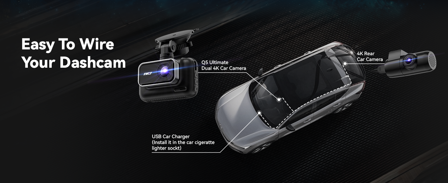 Diagram showing dashcam wiring installation guide with car illustration and connection points marked for power and mounting.