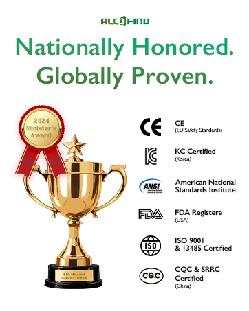 Text reads 'ALCOFIND' followed by multiple lines of corporate messaging about driving decisions and safety systems. Green and white text layout on white background.