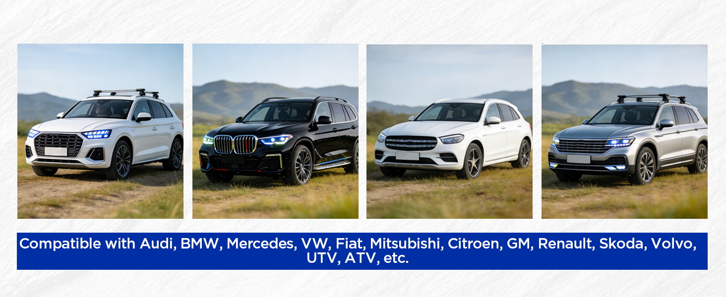 Text reads 'UTV, ATV, etc.' Multiple images of luxury SUVs in different colors and angles arranged in a horizontal row against blue background.