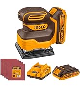 Text reads 'INGCO'. Professional orange and black detail sander with triangular base plate and sanding accessories shown against white background.