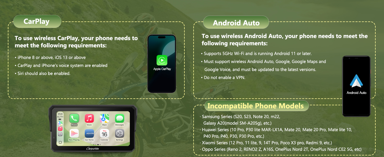 Text shows 'Android Apps' instructions interface with green background, displaying smartphone setup steps and configuration requirements.
