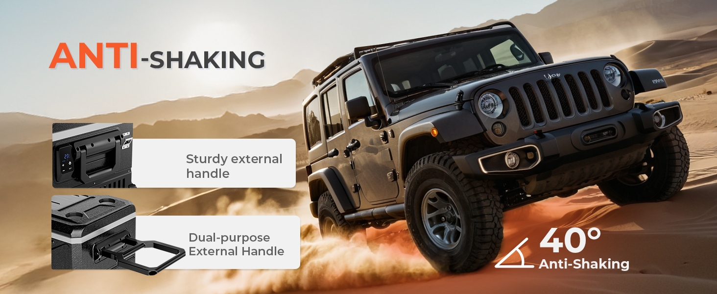 Text reads 'ANTI-SHAKING' and '50°'. Vehicle interior image with off-road truck, promotional banner showing anti-shaking feature and 50-degree angle specification.
