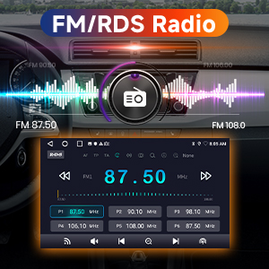 Car audio system interface showing DSP/ASP feature. Displays equalizer settings with multiple bands. Background shows colorful audio visualizer and top-down view of car with speaker placement.