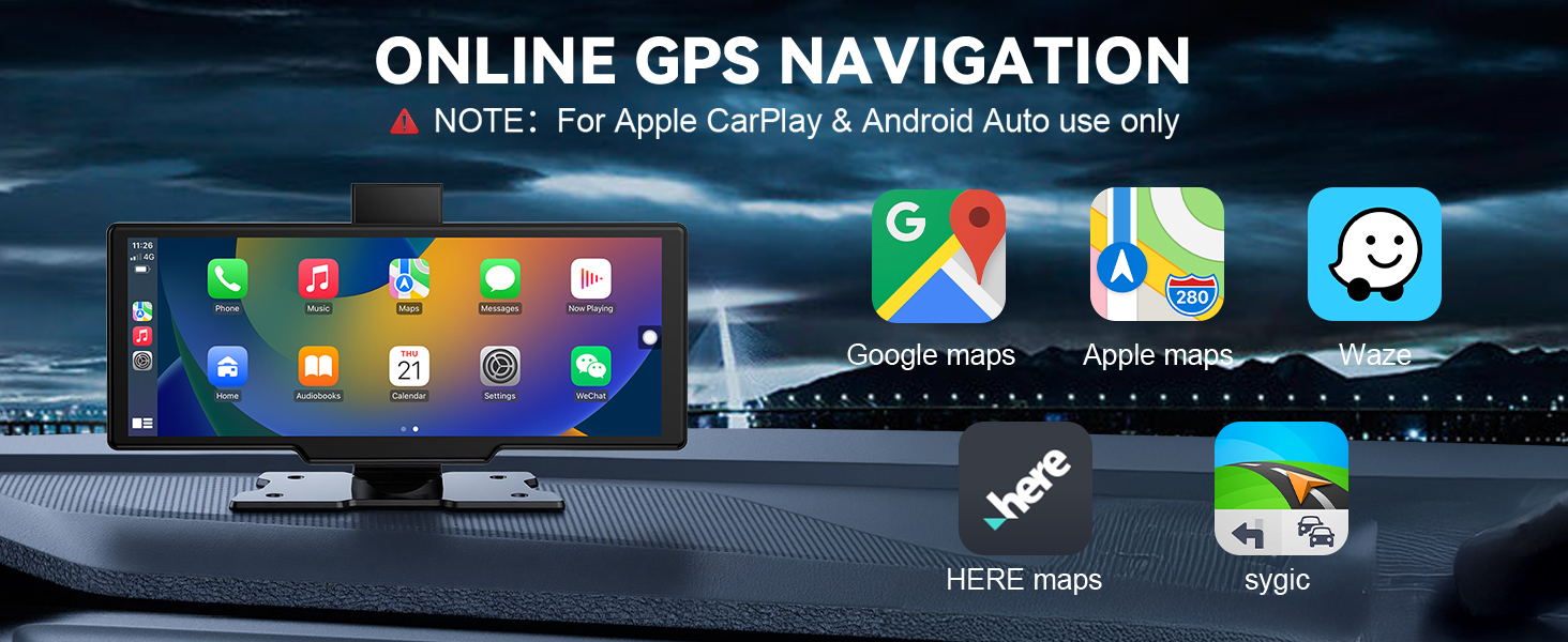 Text reads 'ONLINE GPS NAVIGATION' and 'NOTE: For Apple CarPlay & Android Auto use only'. Car dashboard display showing navigation interface with app icons.