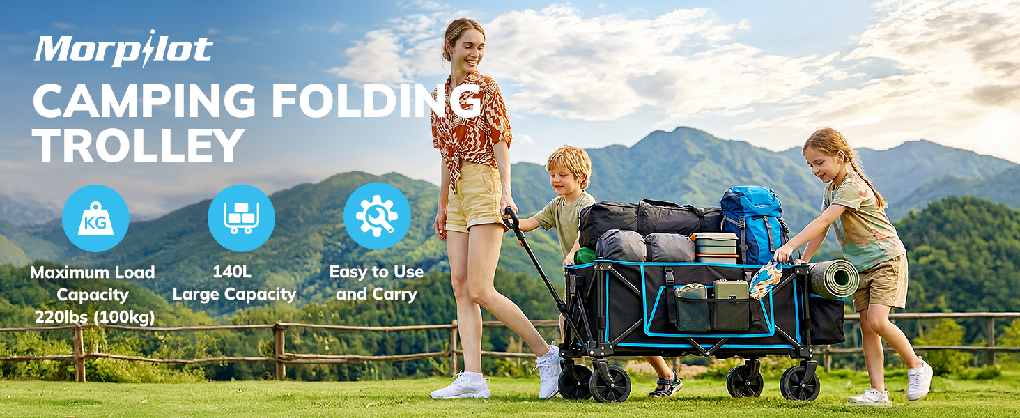 Text reads 'Morplat CAMPING FOLDING TROLLEY'. Family with camping gear and folding trolley in mountain landscape. Features icons showing foldable design, storage capacity, and durability specifications.