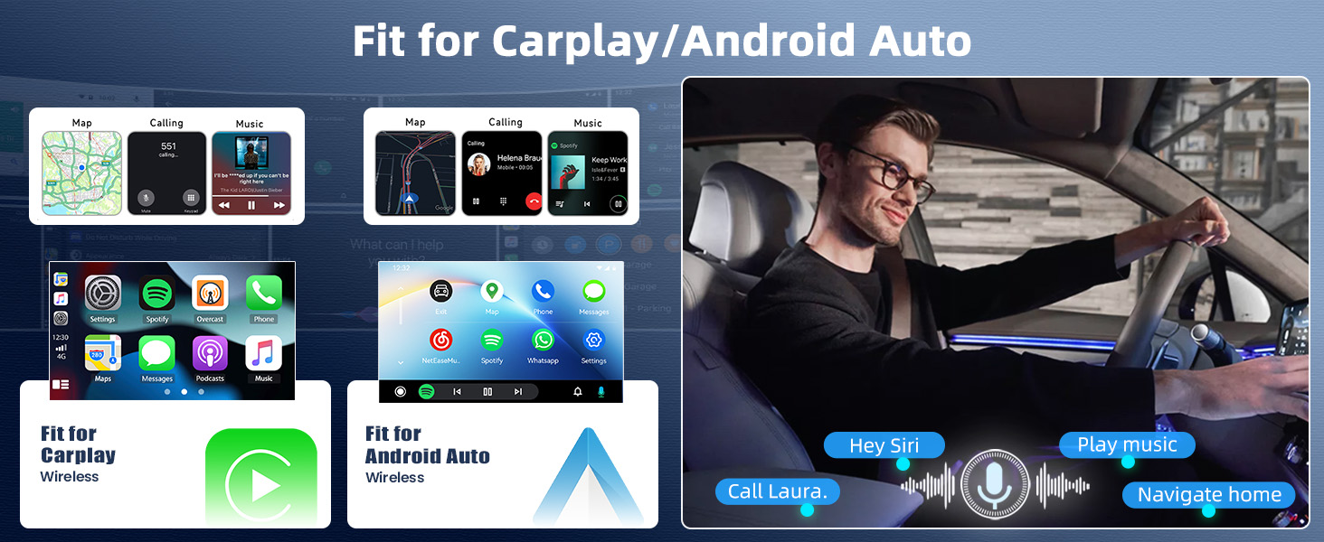 Text reads 'Fit for Carplay/Android Auto'. Composite showing smartphone integration icons, app logos (Apple Maps, Waze, Google Maps), and car dashboard display with driver using in-vehicle infotainment system.