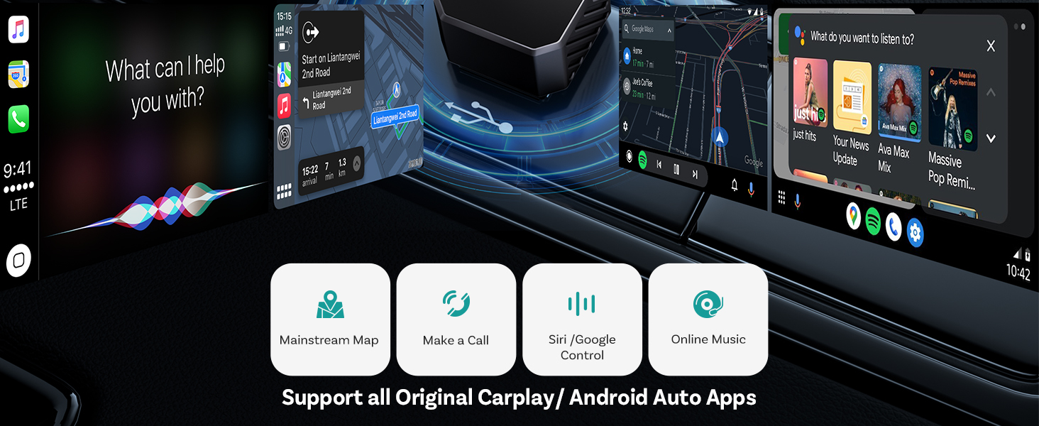 Text reads 'Support all Original Carplay/ Android Auto Apps'. Dark interface showing car infotainment system menu with various app icons and navigation features.