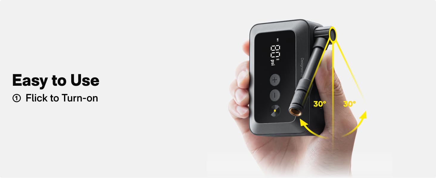 Hand holding a compact electronic device with display showing '20'. Yellow measuring tape wrapped around the device, labeled 'Easy to Use' and 'Pick to Turn-on'.