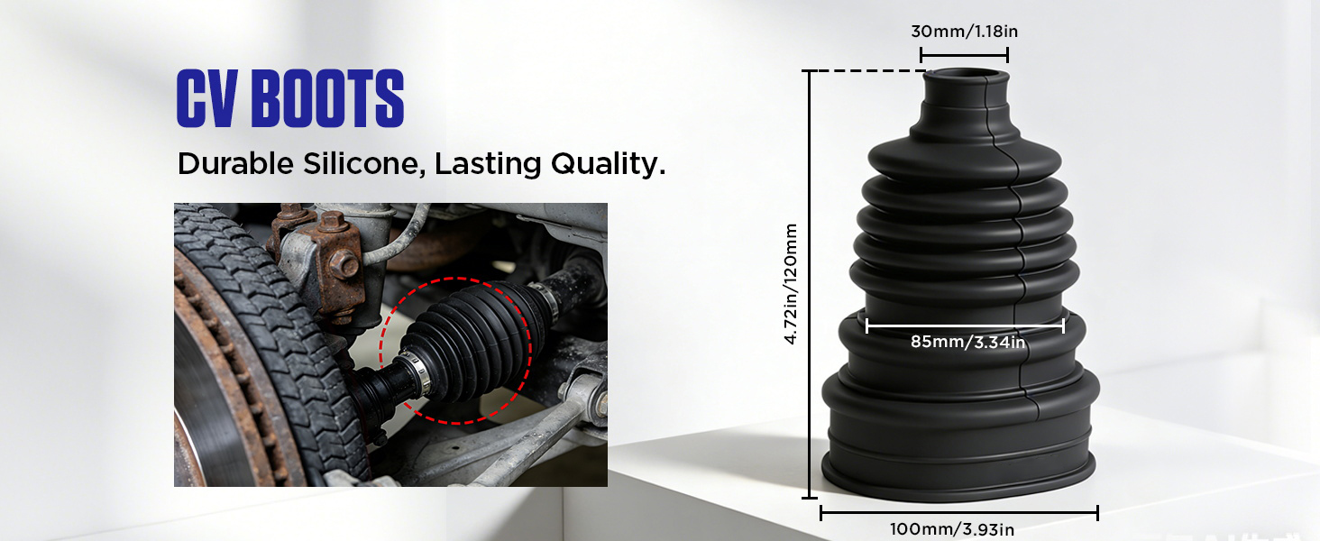 Text reads 'CV BOOTS' and 'Durable Silicone, Lasting Quality.' Product images showing black rubber CV joint boots and installation process.