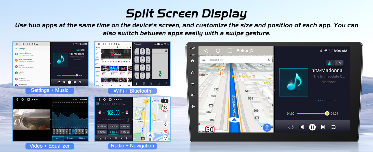Text reads: 'Split Screen Display' Multiple smartphone interface screenshots showing navigation, music player, and app layouts in split-screen configuration.