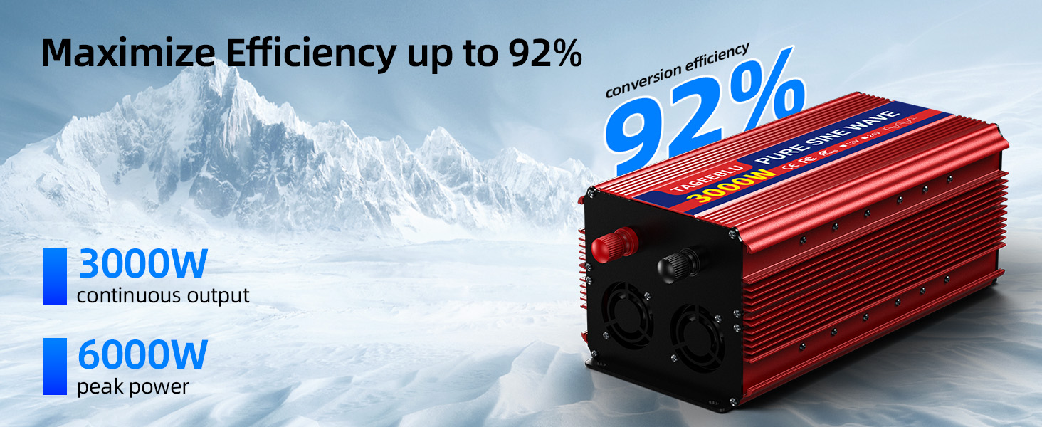 Text reads 'Maximize Efficiency up to 92%', '3000W', '5000W'. Product showcase of red metallic power inverters with technical specifications and efficiency ratings.