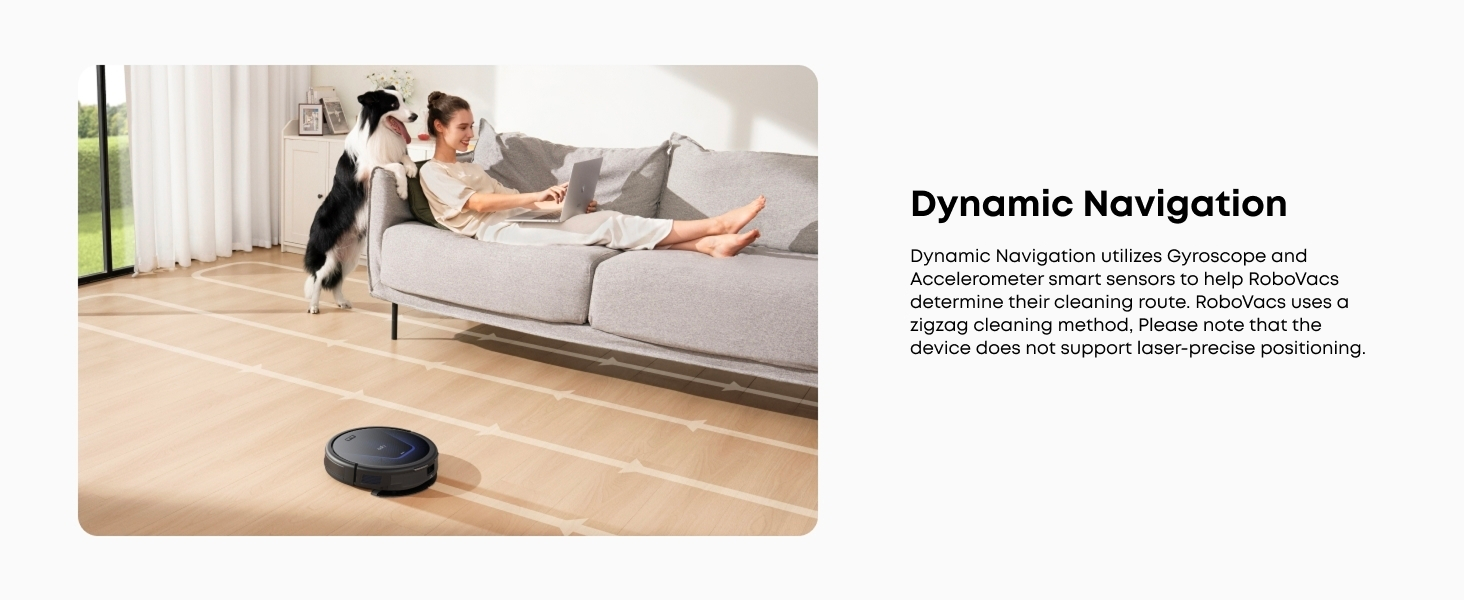 Text reads 'Image 3' and 'Dynamic Navigation'. Shows a robotic vacuum cleaner operating on hardwood flooring near a gray sectional sofa.