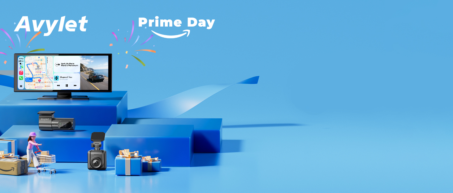 Text reads 'Avylet' and 'Prima Day'. Blue promotional banner with tech product display including computer monitor, blue items, and various gadgets on desk setup.
