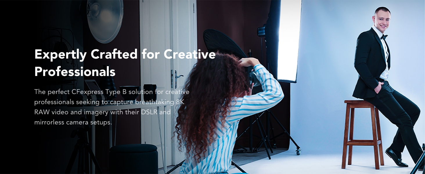 Professional photography studio setup showing lighting equipment and a wooden stool against a dark backdrop, with text overlay about creative professionals.