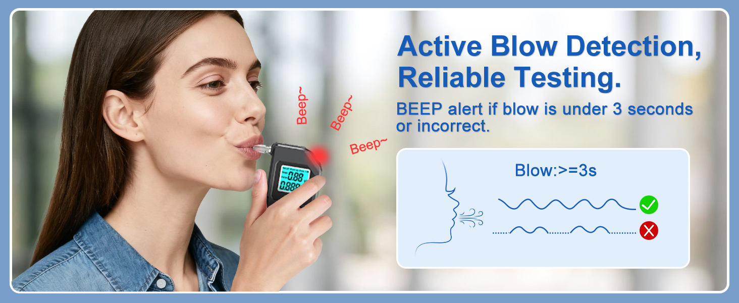 Text reads 'Active Blow Detection, Reliable Testing.' Advertisement showing breath testing device with graph display showing wave pattern and indicator lights. Text indicates testing takes under 3 seconds.
