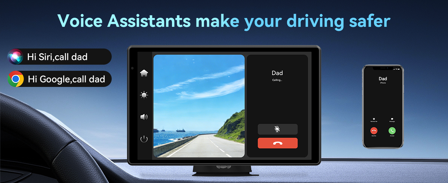 Text reads 'Voice Assistants make your driving safer'. Shows car dashboard view with mobile device interfaces displaying navigation and call screens.