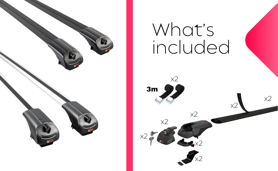 Text reads 'What's Included'. Product diagram showing car roof rack or mounting system components with straps and hardware, including 3m measurement indication.