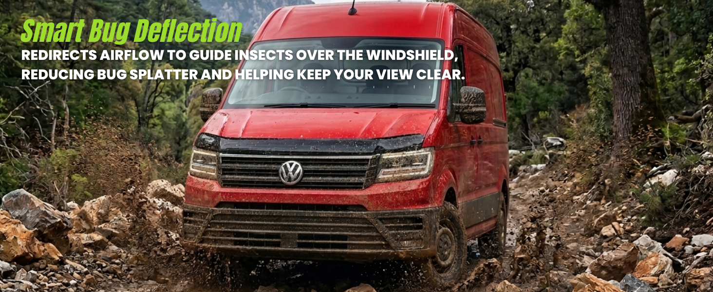Text reads "Smart Bug Deflection" and "MOSQUITOS ADORE TO HIDE INSECTS OVER THE WINDSHIELD. WINDSHIELD BUG STRAY AWAY FROM KEEP YOUR VIEW CLEAR." Red pickup truck photographed on rocky terrain with mountain background.