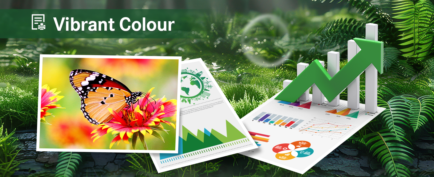 Colorful product display showcasing vibrant printing capabilities. Features butterfly photo, color charts, and 3D graph against fern background.
