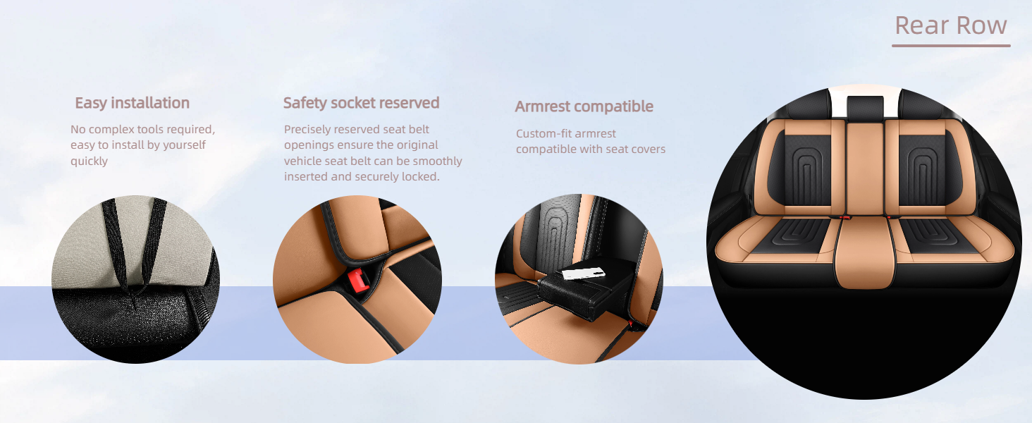 Text reads 'Basti Braun' and product features including 'Easy Installation', 'Safety locked material', 'Armrest comfortable'. Four circular detail photos show black product with orange/tan straps and attachment points from different angles.