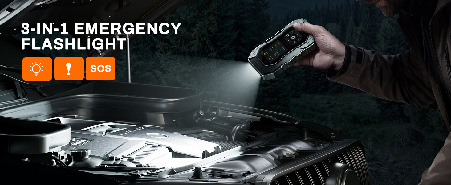 Text reads '3-IN-1 EMERGENCY FLASHLIGHT'. Dark dramatic product shots showing flashlight functionality with orange and yellow interface indicators.