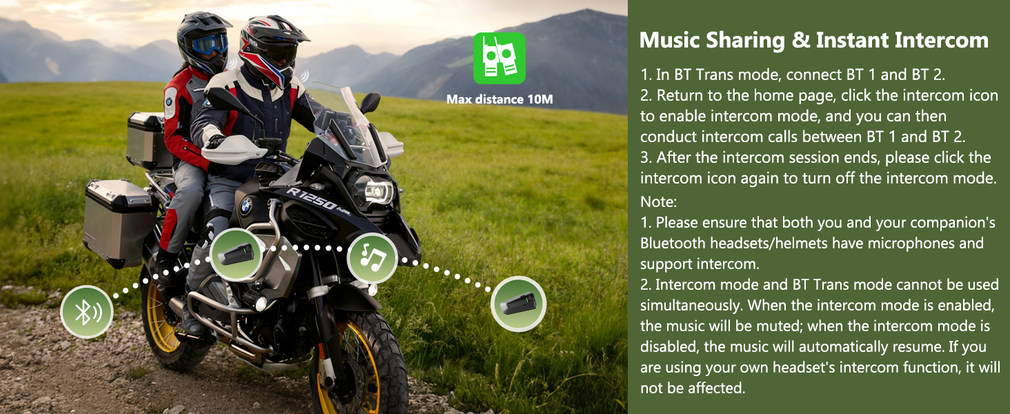 Text reads 'Music Sharing & Instant Intercom'. Motorcycle communication system interface display with icons for various features, shown against scenic riding background.
