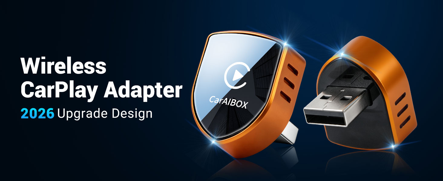 Text reads 'Wireless CarPlay Adapter' and '2024 Upgrade Design'. Orange and black wireless CarPlay adapter device shown from multiple angles against dark blue background.