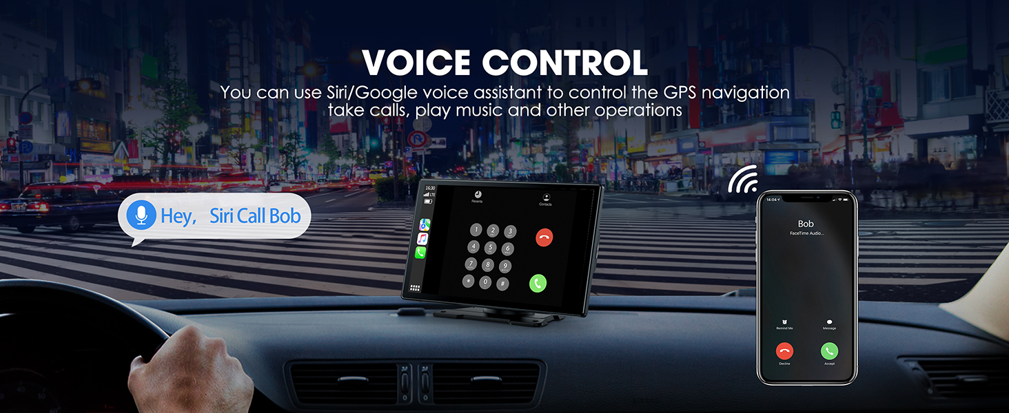 Car dashboard with voice control feature displayed. Shows smartphone connected to car system, enabling hands-free operation for GPS, music, and calls.