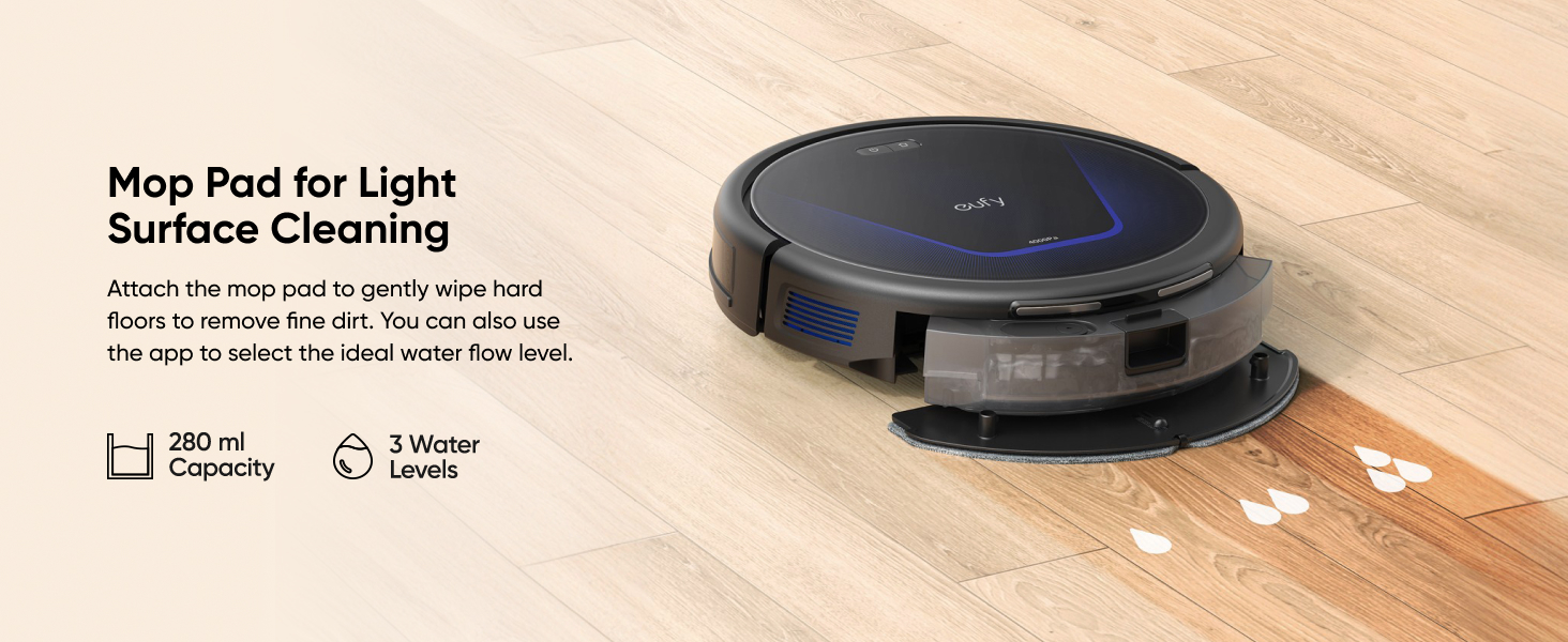 Robotic mop pad for light surface cleaning. Circular black device on wooden floor, with product information visible.
