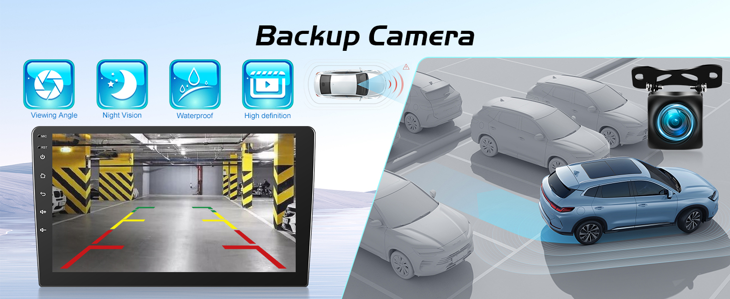 Text reads: 'Backup Camera'. Split image showing car reverse camera display interface with guidelines and illustration of car with camera system.